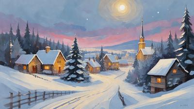 The primary subject of the image is a snow-covered village with a church in the background. The setting is a winter landscape, and the visual style is a painting or drawing. The colors and mood of the image are predominantly white and cold, with the snow-covered village and church creating a serene and peaceful atmosphere.